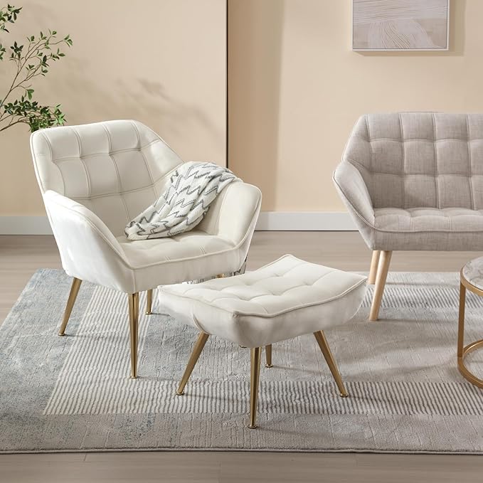 Modern Velvet Accent Chair with Ottoman Set of 2, Upholstered Lounge Chair with Footrest, Comfy Living Room Chair with Gold Legs Accent Side Chair Armchair for Small Space Bedroom, Beige-Ruum Studio Home