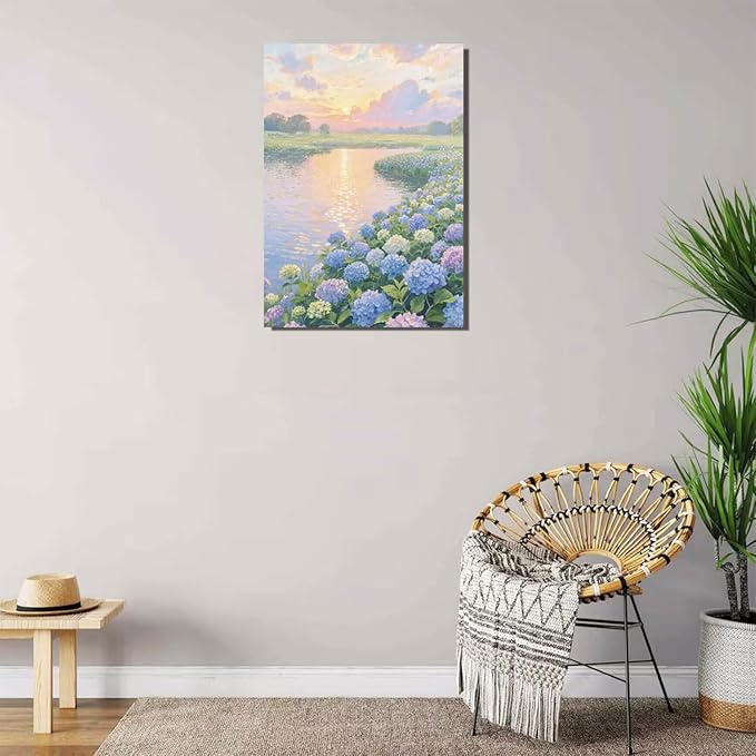 The hydrangea scenery all over the lake at sunset is suitable for posting in the living room bedroom office landscape poster wall painting-Ruum Studio Home