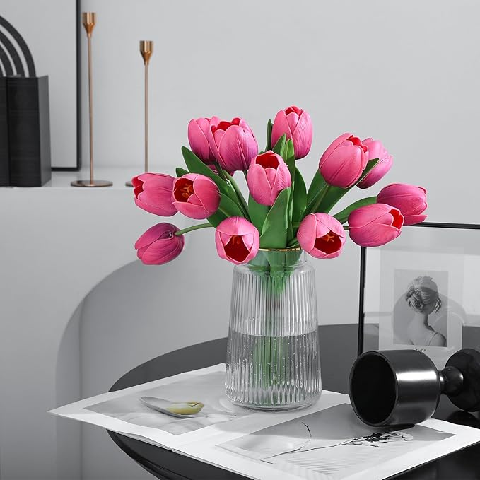 Deep Pink Artificial Tulips, 2 Bundles 14Pcs, Fake Tulips Artificial Flowers, 2 x 2.4 Inch Large Flower Head Big Tulip, Easter Valentine's Day Mother's Day Home Decoration Flowers-Ruum Studio Home