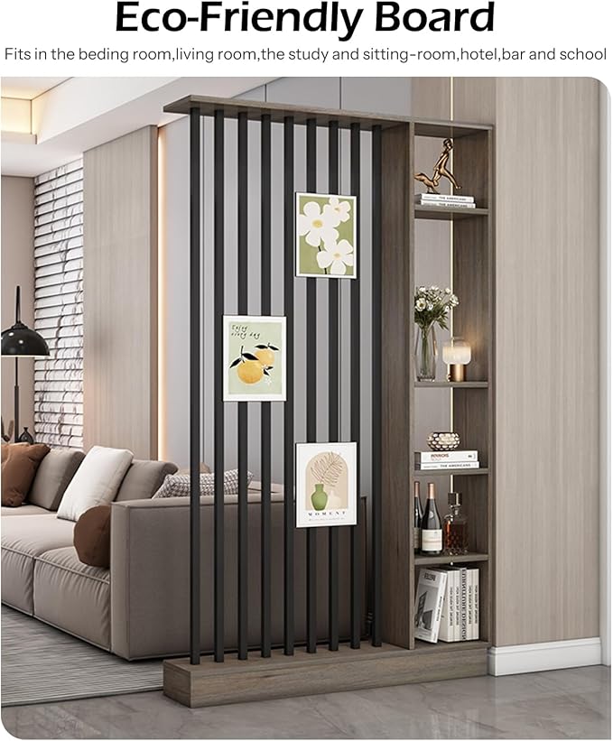 Wall Room Divider, Storage Cabinet Storage Display with Shelves, Modern Freestanding Wood Room Divider Screen, Wall Privacy Screens for Home Decorative (Grey Oak+Black,39.5" L x 9.5" W x 79.5" H)-Ruum Studio Home