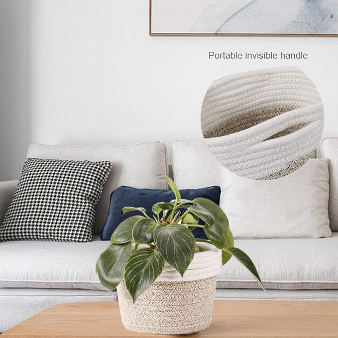 Cotton Rope Plant Basket Modern Woven Basket for 6" Flower Pot Floor Indoor Planters,Rustic Home Decor Storage Organizer H6 3/4" x W6 1/2"-Ruum Studio Home