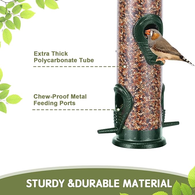 MIXXIDEA 2PK Metal Wild Bird Feeder Bird Feeders for Outdoors Hanging 6 Port Tube Bird Feeder Transparent Finch Feeder with Steel Hanger Green-Ruum Studio Home
