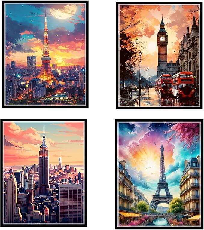 ELEVENSPACE Boho Wall Art Decor,New York, London, Tokyo, Paris, Eiffel Tower,City Wall Decor Art,Modern Landscape Wall Art for Living Room Bedroom Prints Poster,8x10 Inch Set of 4,Unframed-Ruum Studio Home