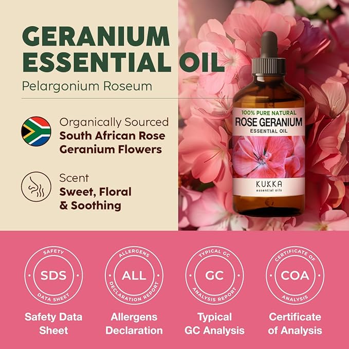 Kukka Rose Geranium Essential Oil for Skin - 4 Fl Oz - 100% Pure Natural Geranium Oil for Diffuser & Aromatherapy - Soap Making Scent & DIY-Ruum Studio Home