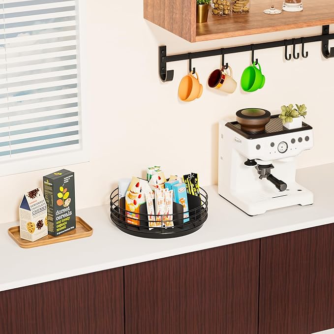 Snack Organizer - Versatile Snack Storage, Lazy Susan with Convenient Grab-and-Go Design, Metal Snack Holder for Home, Office, Breakroom, 11.85" L x 11.85" W x 4.17" H (Matte Black)-Ruum Studio Home