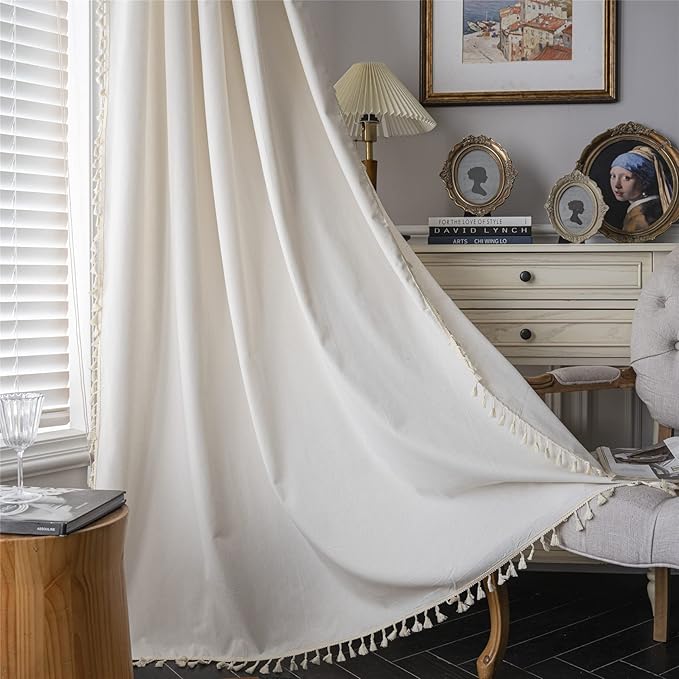 Sutuo Home Boho Curtain with Handmade Tassels, Rod Pocket Window Treatment Vintage Rustic Bohemian French Farmhouse Semi-Blackout Solid Drape for Bedroom, 1 Panel 59" W x 84" L,Cream White-Ruum Studio Home