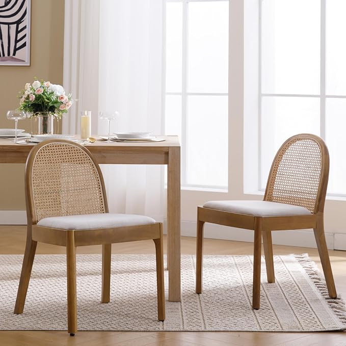 Mid Century Dining Chairs Set of 2, Accent Rattan Linen Fabric Side Chairs Kitchen Chair with Solid Wooden Legs for Living Room Dining Room, Beige-Ruum Studio Home