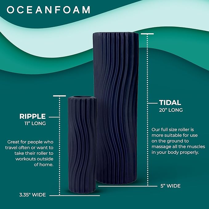 Oceanfoam Tidal Roller - Dark Navy - Muscle Massage Foam Roller for Back Pain & Stretching - Firm and Ergonomic Wide Wave Textured - Yoga, Athletics, & Wellness - Full Size, 20" x 5"-Ruum Studio Home