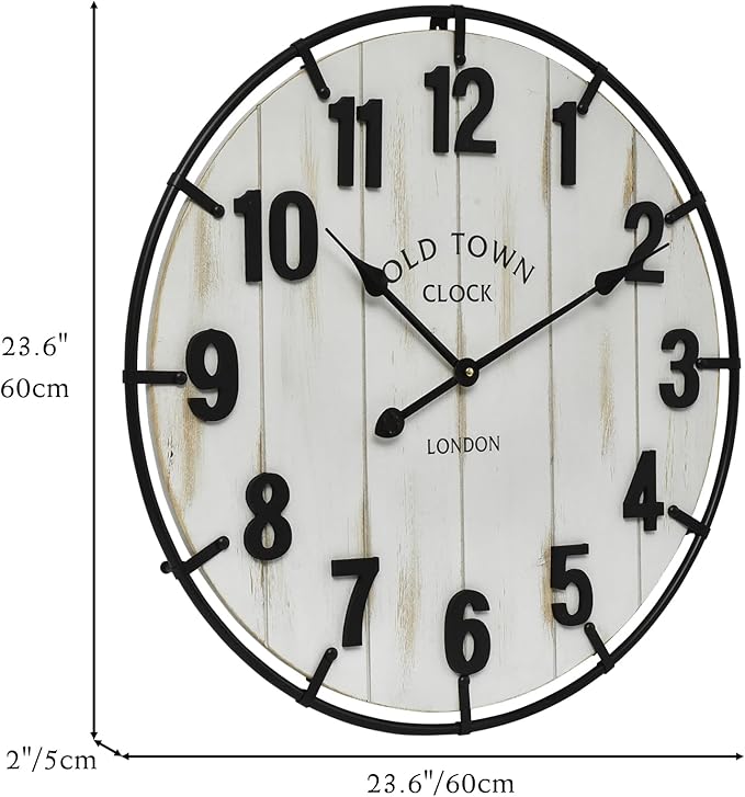 Large Old Town Farmhouse Wall Clock – 24 Inches Rustic Antique Wood with Metal Circle and Large Numerals, Silent Battery Operated Clock for Office, Kitchen, Bedroom, Living Room (Washed White)-Ruum Studio Home