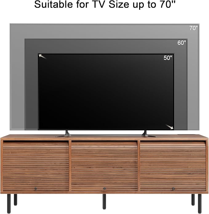 59 Inch TV Stand with Power Outlet for TVs up to 65 Inch, Entertainment Center with Storage, Mid-Century Modern TV Console, Adjustable Shelf & Sliding Doors, TV Stand for Living Room, Bedroom, Walnut-Ruum Studio Home