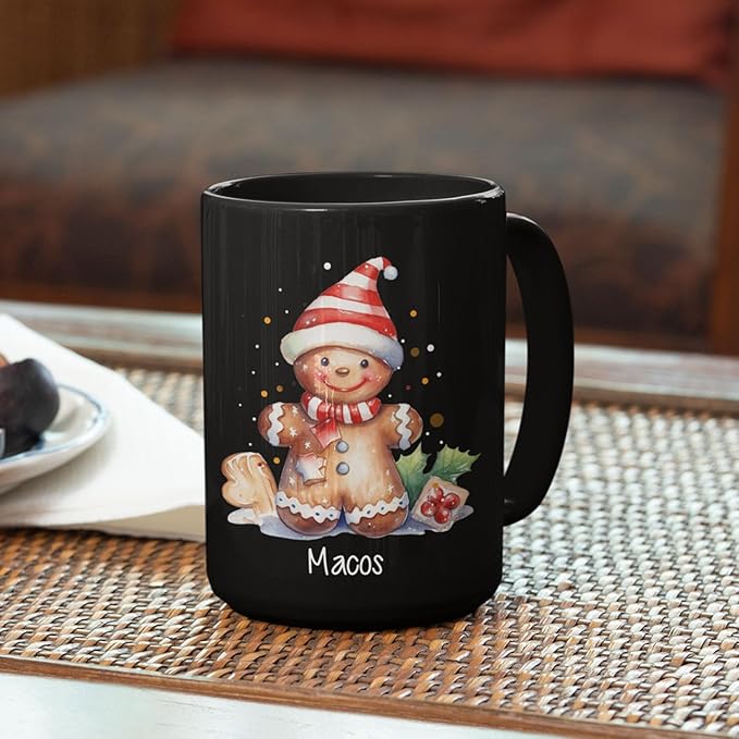 Watercolor Christmas Gingerbread Design Mug, Custom Gingerbread Lover Black Cup, Customized Christmas Coffee Mug With Name, Gift For Boy Girl, Personalized Gingerbread Lover Cup 11oz 15oz-Ruum Studio Home