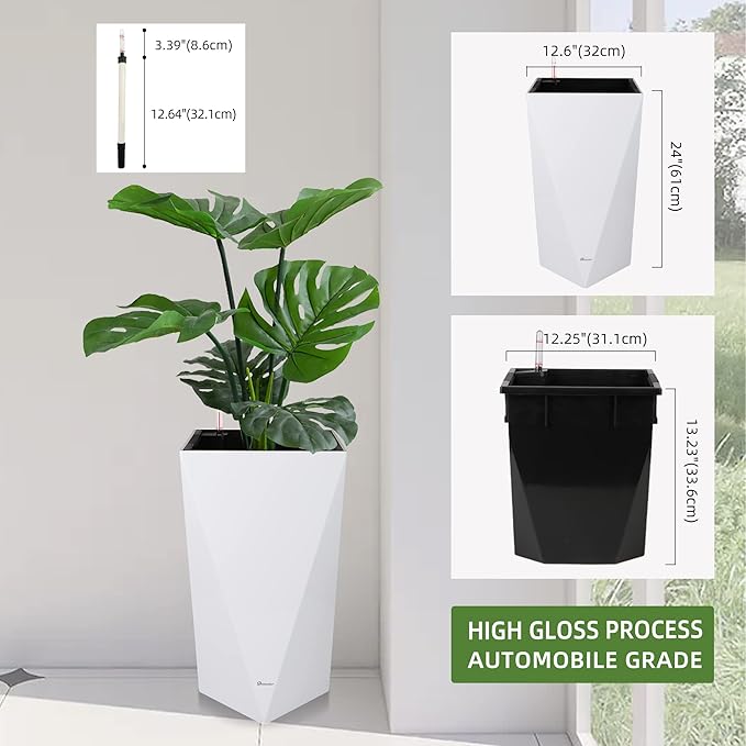 Dexceder 24 Inches Tall Self Watering Planter Diamond High Gloss Indoor Outdoor, Thickened Rhombus Large Floor Standing Flower Plant Pot with Water Level Indicator (White)-Ruum Studio Home