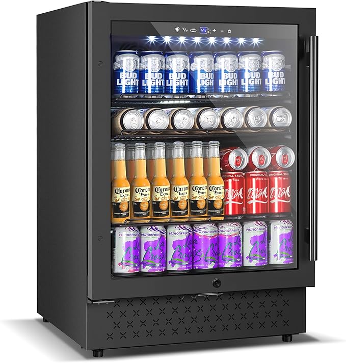 24 Inch Beverage Refrigerator, 5.2 Cu. Ft. Drink Refrigerator with Glass Door, 200 Cans Under Counter & Freestanding Drink Fridge, Reversible Door, Built-In Beverage Cooler for Kitchen, Bar or Office.-Ruum Studio Home