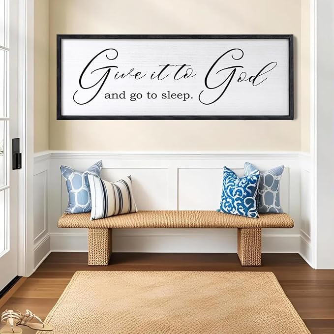 Give It To God And Go To Sleep Sign Wall Decor 40x15 Inch Large Farmhouse Master Bedroom Above Bed Hanging Wall Art Rustic Guest Room Wood Framed Over Bed Wall Decoration (Black)-Ruum Studio Home