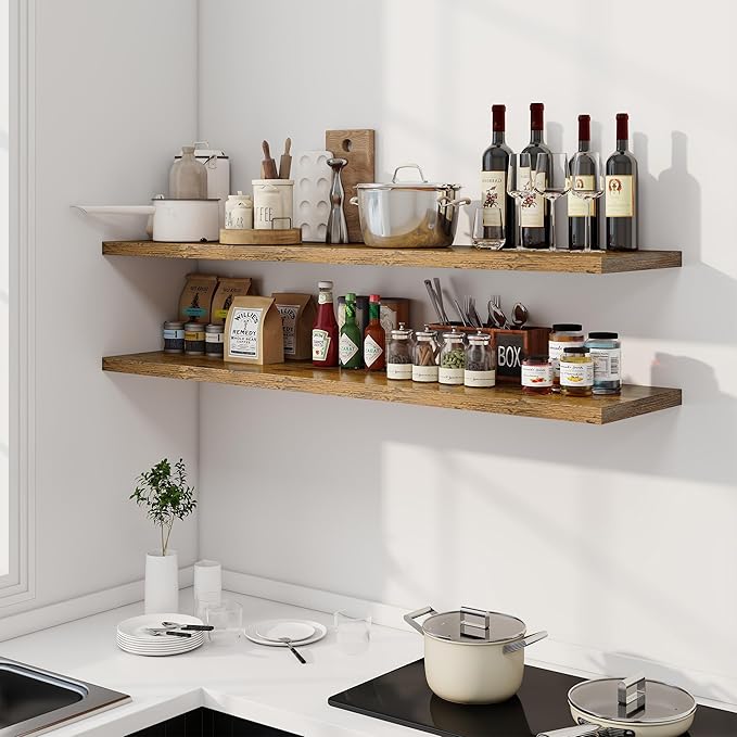 55" Floating Shelves for Wall, 12" Deep Slim Rustic Brown Floating Shelves, Wall-Mounted Shelves for Bedroom, Living Room, Kitchen, Bathroom - Set of 2-Ruum Studio Home