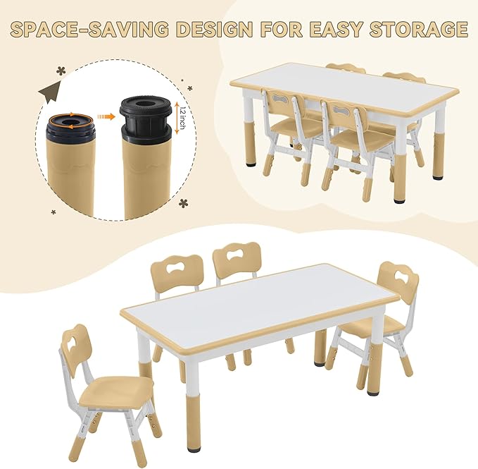 Kids Study Table and Chairs Set, Height Adjustable Toddler Table and Chair Set for Kids Ages 3-8, Graffiti Desktop (Light Brown)-Ruum Studio Home