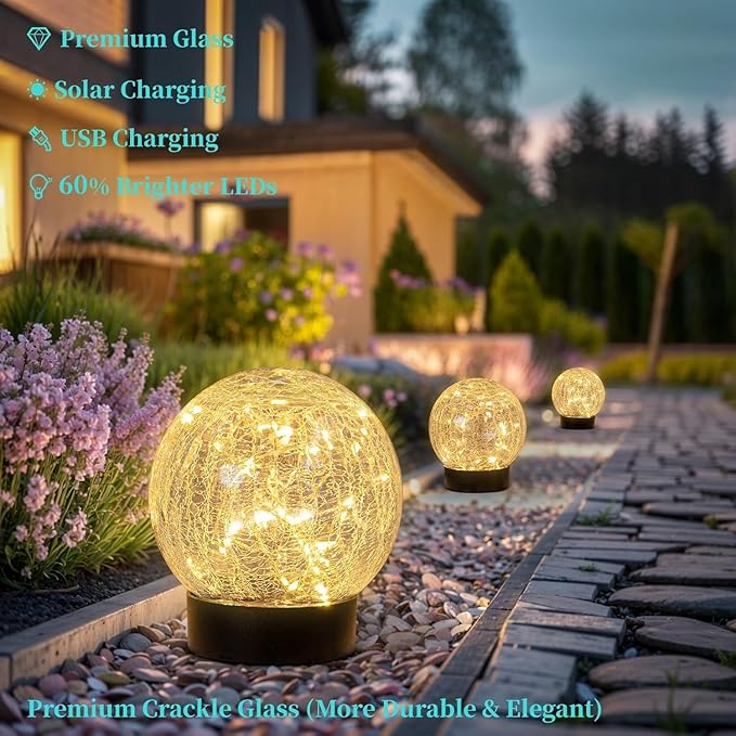 Beautyard Solar Globe Lights Outdoor Large Garden Decor USB Charged 4.72" Diameter 40LED 1000mAh Solar Lights Cracked Glass Globe Power Yard Patio Garden (4.72'' Large 2 Pack Warm White)-Ruum Studio Home