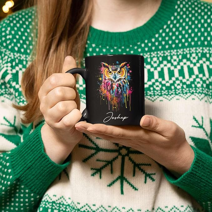 Personalized Name Owl Animal Coffee Mug, Custom Owl Black Cup, Gift For Men Women, Unique Colorful Owl Mug, Animal Cup For Owl Lovers, Customized Owl Ceramic Mug 11oz 15oz, Owl Cup-Ruum Studio Home