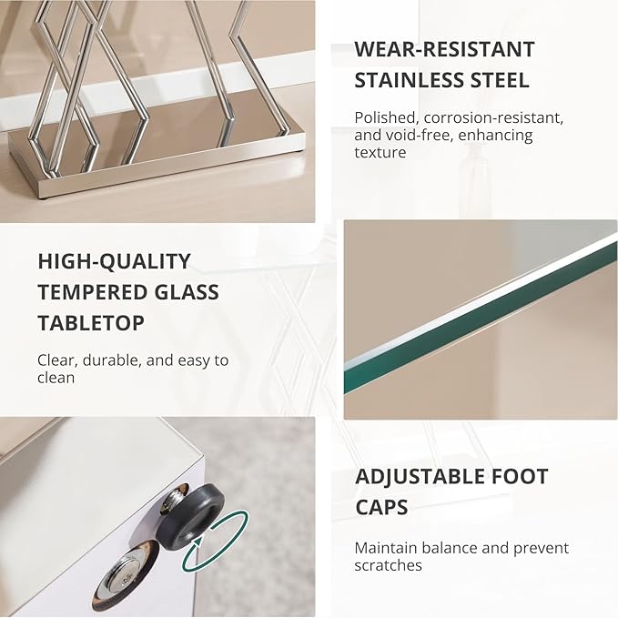 43.3" Glass Modern Console Table, Sturdy Silver Entryway Table with Stainless Steel Base, Rustic Entrance Table, Minimalist Narrow Tables for Living Room & Office-Ruum Studio Home