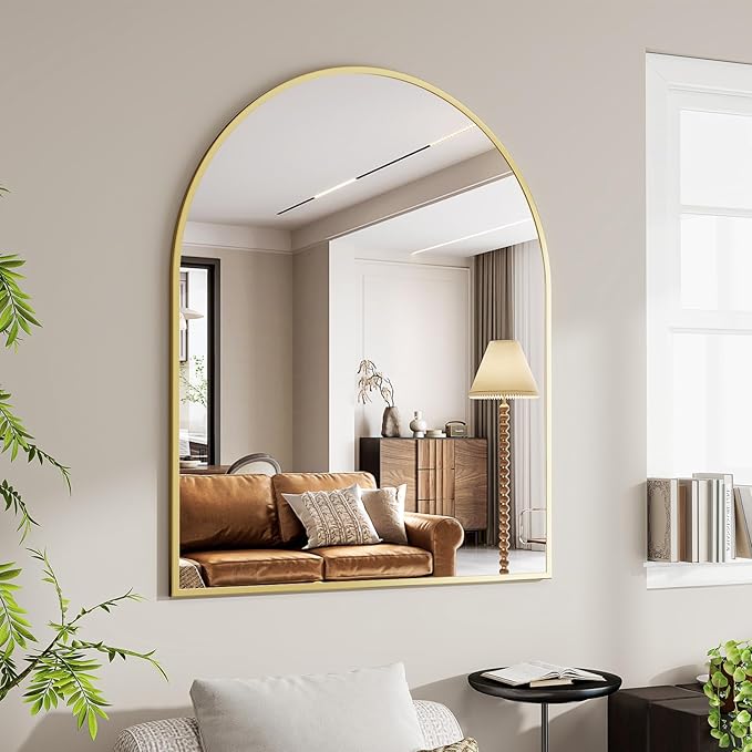 BEAUTYPEAK 36"x48" Arch Bathroom Mirror, Wall Mounted Vanity Metal Frame Mirror for Bedroom, Entryway, Living Room, Gold-Ruum Studio Home