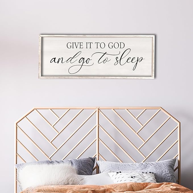 comurdyo Give It To God And Go to Sleep Sign 32''×12'' Master Bedroom Above Bed Wall Decor Wood Framed Couple Large Farmhouse Guest Room Rustic Simple Over Bedside Wall Art Hanging Decor (White)-Ruum Studio Home