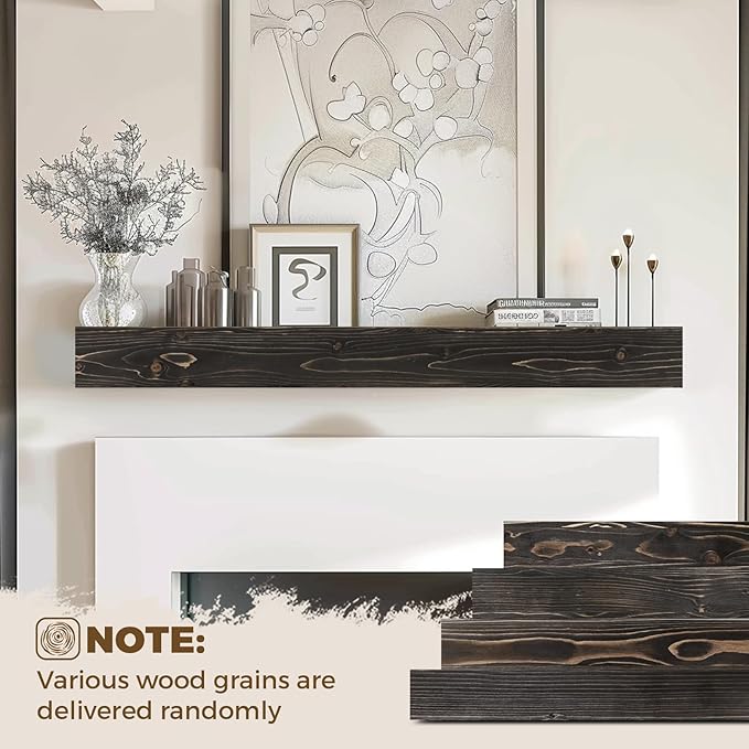 56x8x3 Fireplace Mantel - Handcrafted Hollow Rustic Solid Wood Wall Mounted Floating Shelf with Invisible Heavy Duty Wood Bracket (Weathered Black)-Ruum Studio Home