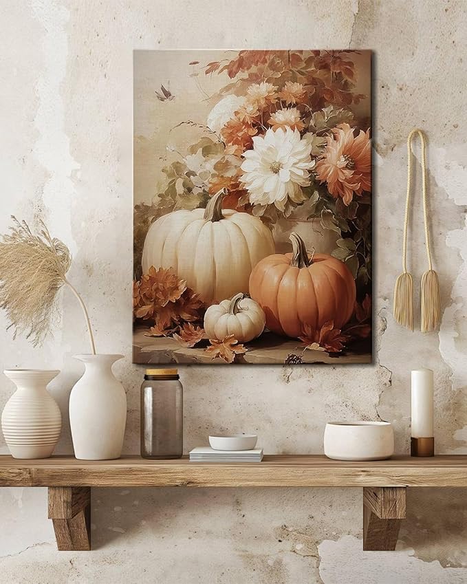 AbcCustomize Vintage Pumpkin Floral Wall Art Decor, Rustic Fall Daisy Flowers Canvas Print for Farmhouse Autumn Decor, Thanksgiving Decorations for Living Room Kitchen Dining Room, Ready to Hang-Ruum Studio Home