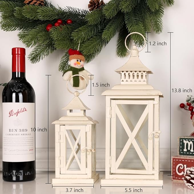 Lanterns Decorative Outdoor&Indoor, Set of 2 (14"&10") Beige Metal Lantern Decor with Glass, Candle Holder for Porch, Patio, Garden, Balcony, Wedding, Table Centerpiece-Ruum Studio Home