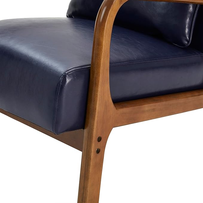 Glitzhome 2 Set Mid Century Navy Blue Accent Armchair, Single Reading Armchair PU Leather Lounge Chair with Walnut Ruberwood Frame-Ruum Studio Home