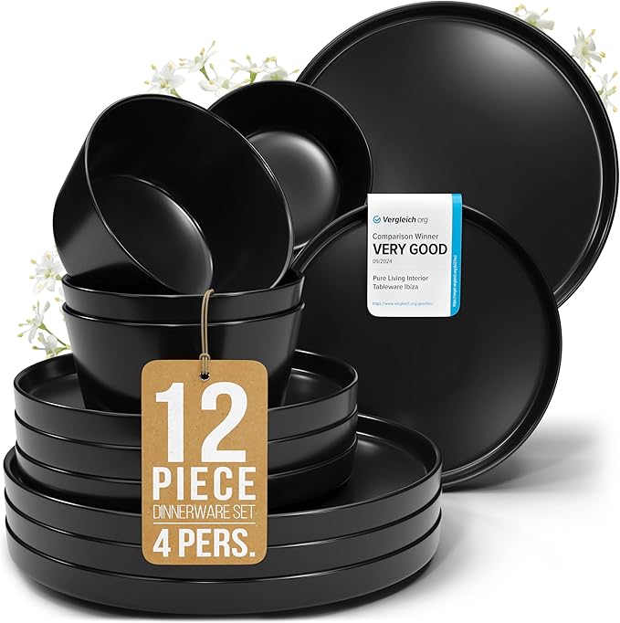Ceramic Dinnerware Set - Scratch Resistant, Dishwasher & Microwave Safe Stoneware - 12 Piece Plates and Bowls for 4 - Matte Black-Ruum Studio Home