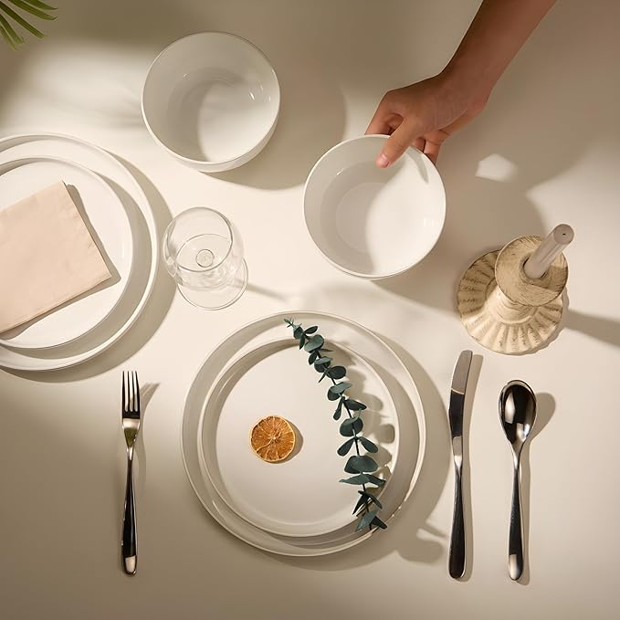 Ceramic Dinnerware Set, 12-Piece Service for 4, Soup Bowls (31.5 oz), Salad Plates (7.5"), Dinner Plates (10.5"), Round, Microwave and Dishwasher Safe, White, Cambridge Classics-Ruum Studio Home