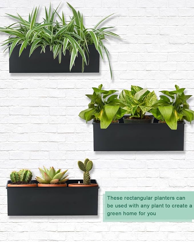 vensovo Metal Wall Hanging Planter Boxes – 12" Rectangle Flower Pots, 3 Pack with Drainage, Durable Galvanized Finish for Indoor Outdoor Balcony Fence Windowsill, Black-Ruum Studio Home