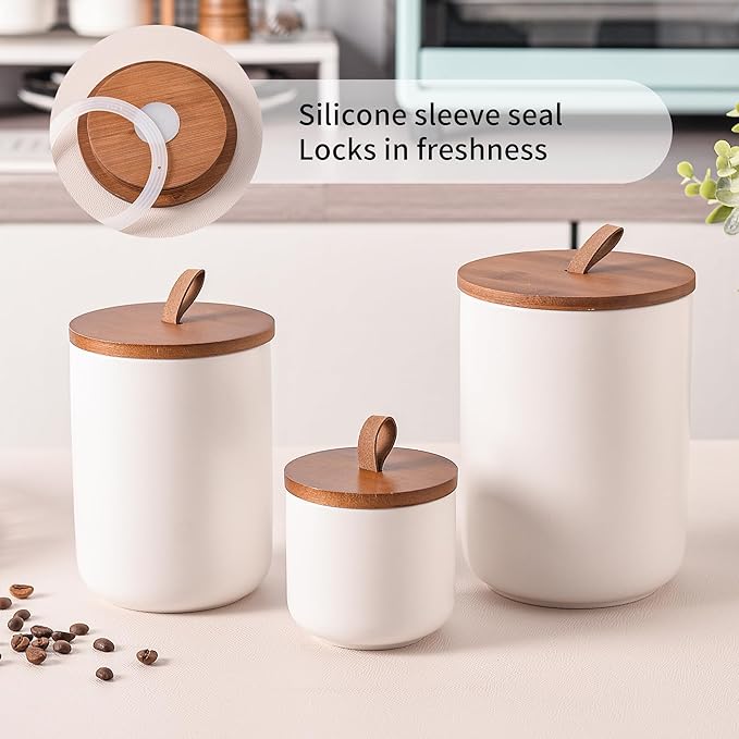 White Ceramic Canister Set with Bamboo Lids, 3-Piece Airtight Food Storage Jars for Kitchen - Flour, Sugar, Coffee, Tea, Spice - Small, Medium, Large Sizes-Ruum Studio Home