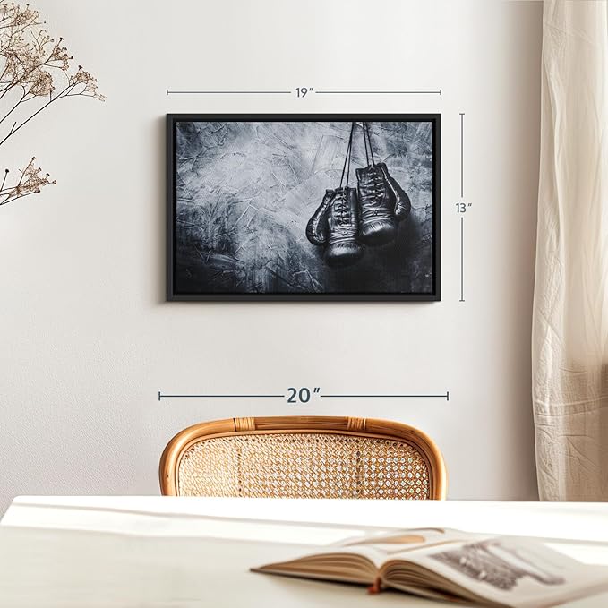 ElephantStock Boxing Gloves Wall Art - Horizontal Framed Canvas - 1-Piece Living Room Wall Decor - Photography Sports Canvas Print - Black and Gray Decor for Wall - 19" X 13"-Ruum Studio Home