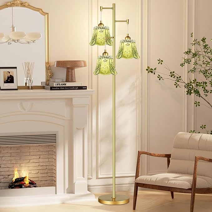 Gold Floor Lamp for Living Room,Bedroom,Tree 3 Light Standing Lamp Mid Century Modern Brass Tall Floor Lamps Vintage Retro Floor Lights Glass Green Flower Lamp Shade Farmhouse Boho Bohemian-Ruum Studio Home