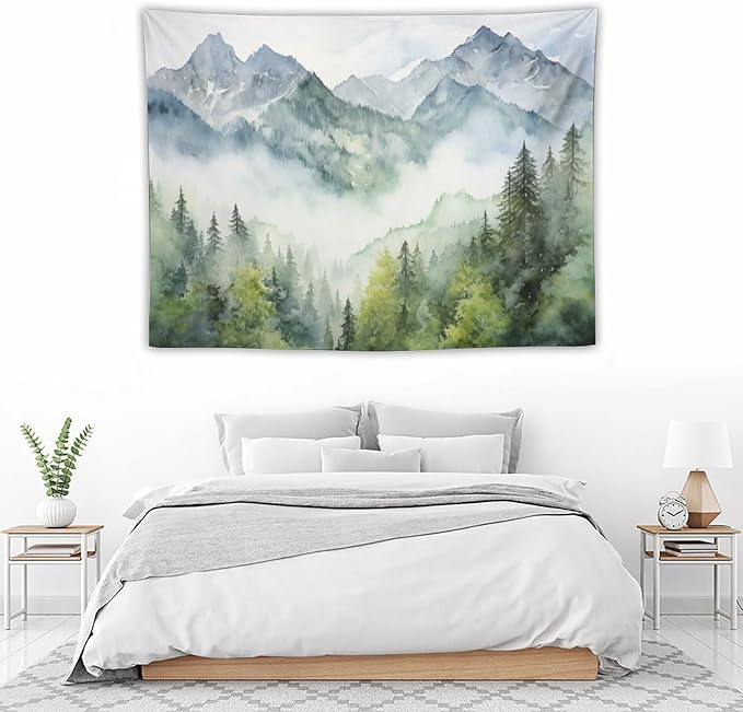 HZOHNAGO Mountain Tapestry Misty Green Forest Mountain Pattern Printed Wall Tapestry Wall Hanging for Bedroom Living Room Dorm 40" W x 30" H-Ruum Studio Home