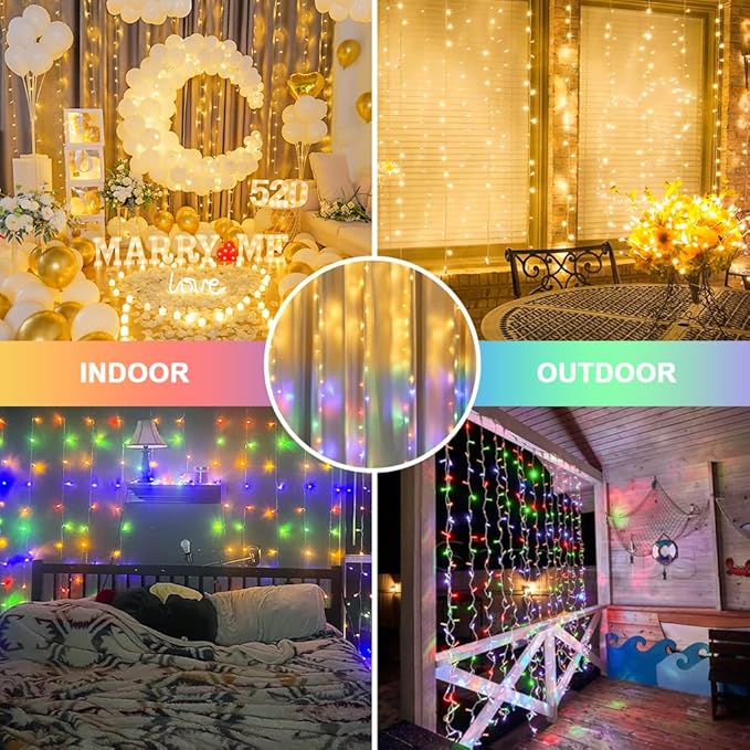 JMEXSUSS 300LED Dual Color Changing Curtain Lights with Remote, 9.8 x 9.8ft Connectable Plug in Christmas String Lights for Bedroom Backdrop Outdoor Decor, Warm White to Multicolor-Ruum Studio Home