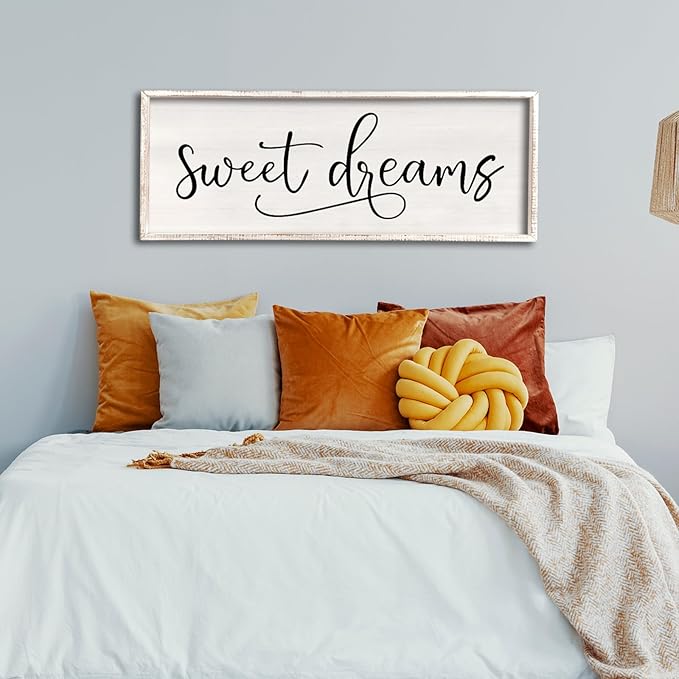 comurdyo Sweet Dreams Wall Decor Above Bed Sign 40" x 15" Master Bedroom Wooden Antique Framed Large Rustic Farmhouse Guest Room Beautiful Simple Hanging Plaque Over Bed Wall Art (White)-Ruum Studio Home
