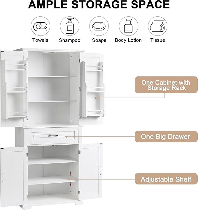 72.2" Tall Storage Cabinet with 4 Doors and Drawer, Freestanding Linen Cabinet, Wooden Pantry with Adjustable Shelf for Kitchen, Bathroom, Living Room White-Ruum Studio Home