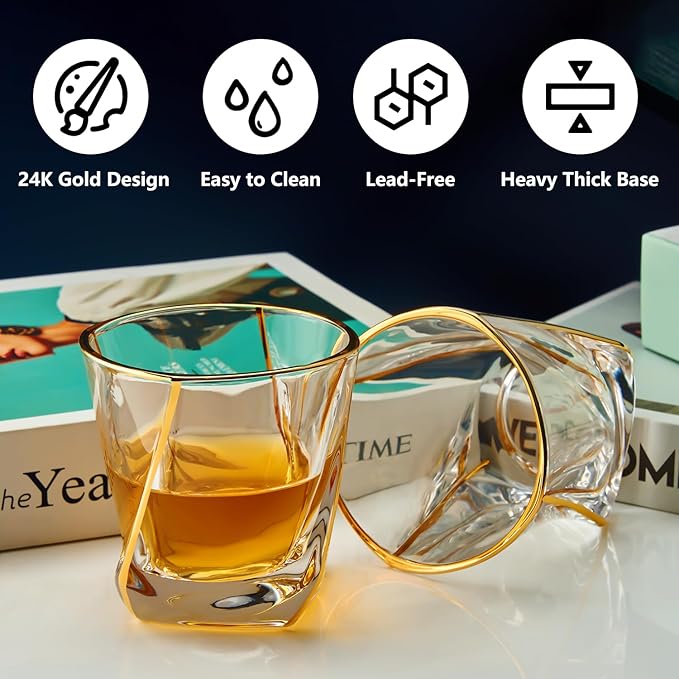 Crystal Whiskey Glasses Set of 2 with 24K Gold Rim,Bar Glasses,Twisted Whiskey Glass Gold Collection for Bourbon,Scotch and Wine,Rock Barware for Men Gift - 8oz-Ruum Studio Home