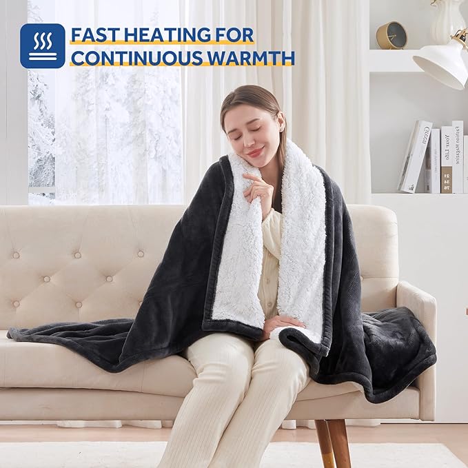 Sealy Electric Blanket Throw Size 50"*60",Super Cozy Flannel to Sherpa Reversible Heated Blanket Throw with 6 Heating Levels & 2-10 Hours Auto Off Overheating Protection Machine Washable,Charcoal-Ruum Studio Home