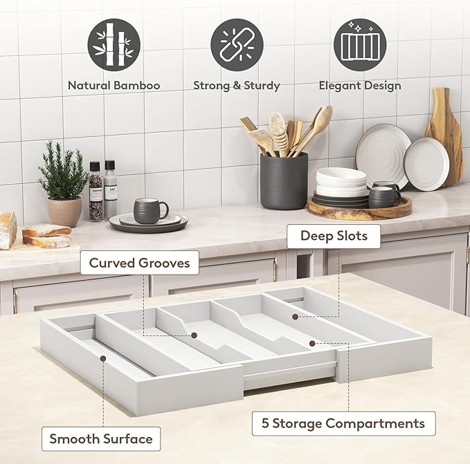 Lifewit Utensil Organizer for Kitchen Drawer, Expandable Cooking Utensil Tray, Bamboo Cutlery Silverware Flatware Holder, Adjustable Spatula Tools and Gadgets Storage Divider, Large, White-Ruum Studio Home