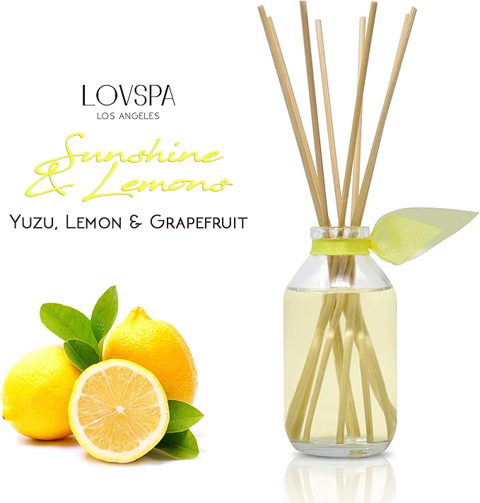 LOVSPA Reed Diffuser Set, Sunshine & Lemons Scented Oil Diffuser with Sticks, Home Fragrance Accessories for Bathroom Shelf Decor, Aroma Diffusers for Home or Office Desk, USA Made-Ruum Studio Home