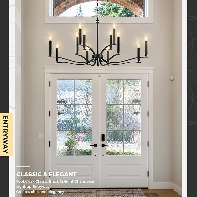 Black Living Room Chandelier 12 Light Hight Ceiling Foyer Candle Chandelier Large Dining Room Light Fixture Over Table 44in Metal Modern Chandeliers Hanging Light for Entry Master Bedroom-Ruum Studio Home