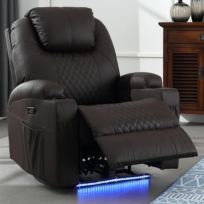Power Recliner Chair with Heat and Massage, PU Leather Home Theater Seating with LED Lights/Cup Holders/Side Pocket/USB Port, Reclining Sofa Chair for Living Room (1, Brown)-Ruum Studio Home