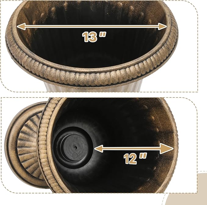 Athena Collection 20''H Garden Plastic Urn Vintage Tall Planter Urn Patio Large Flower Pot Porch Planter Large Planter for Indoor Outdoor Plant, Bronze-Ruum Studio Home