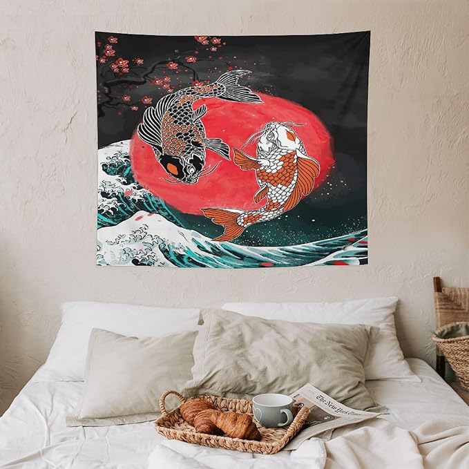 Houselerax Koi Fish Tapestries,Japanese Style Yin Yang Big Wave Cherry Blossoms Tapestry Wall Hanging for Bedroom Living Room Office Decor 60"x50"-Ruum Studio Home