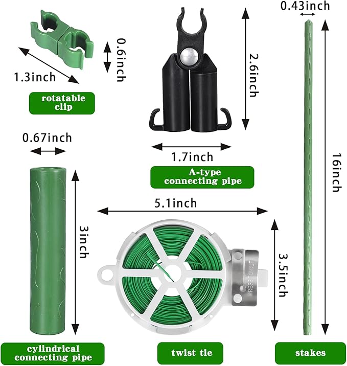 Garden Stakes 60 Pack, 16 Inch Each, DIY 3ft 4ft 5ft 6ft 7ft Sturdy Steel Plant Stakes with 50 Connectors, 30 Rotatable Clips, 10 A-Type Connecting Pipe and 164 Feet Twist Tie for Climbing Plants-Ruum Studio Home