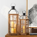 Glitzhome Set of 2 Oversized Farmhouse Wood Lanterns with Metal Top Decorative Hanging Candle Lanterns for Home Décor, Natural (No Glass)-Ruum Studio Home