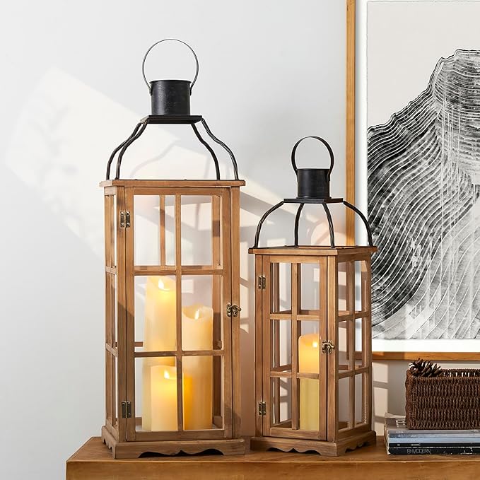 Glitzhome Set of 2 Oversized Farmhouse Wood Lanterns with Metal Top Decorative Hanging Candle Lanterns for Home Décor, Natural (No Glass)-Ruum Studio Home